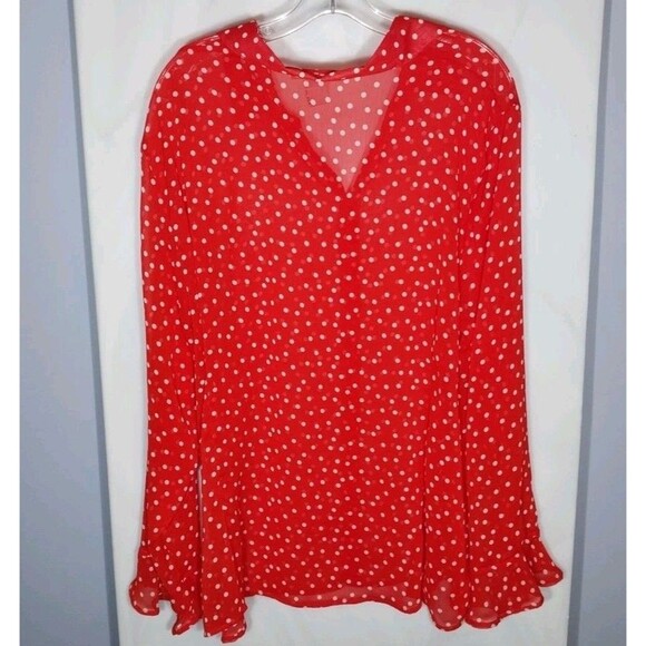 Sag Harbor Women’s Top Sz 3X Red Polka Dot Sheer Bell Sleeve Button Up Fairy - Picture 5 of 6